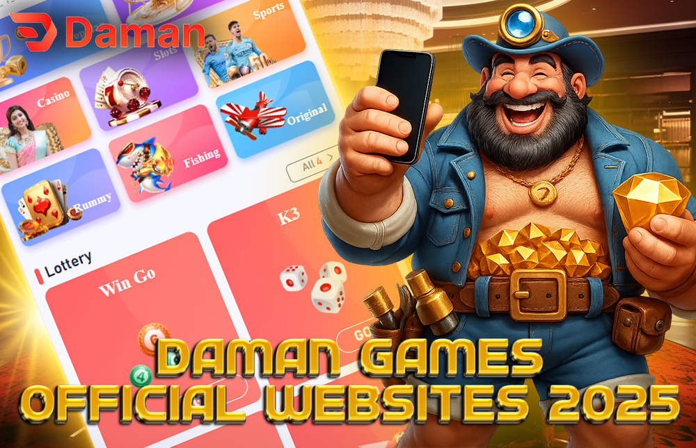 A picture of a character holding a phone showing the Daman Game official website."
