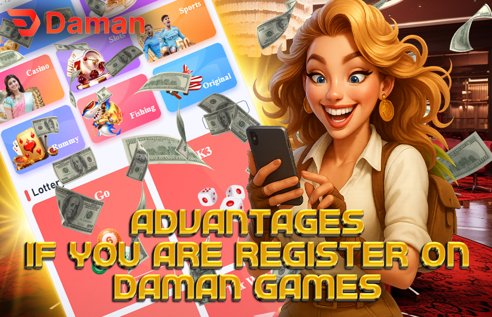 A picture of a woman holding a cellphone showing the benefits of using the Daman Game official website.