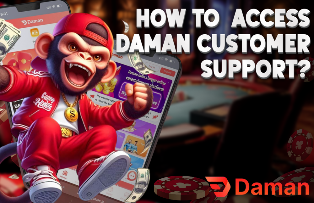 A picture of a character showing where to contact Daman Game support.